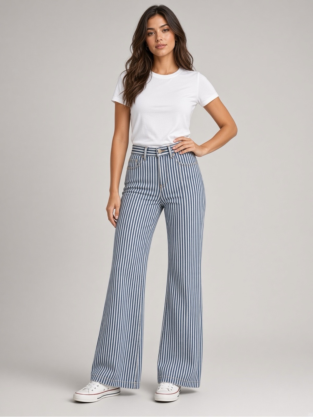 REVICE Navy & White Vertical-Stripe Wide-Leg Jeans